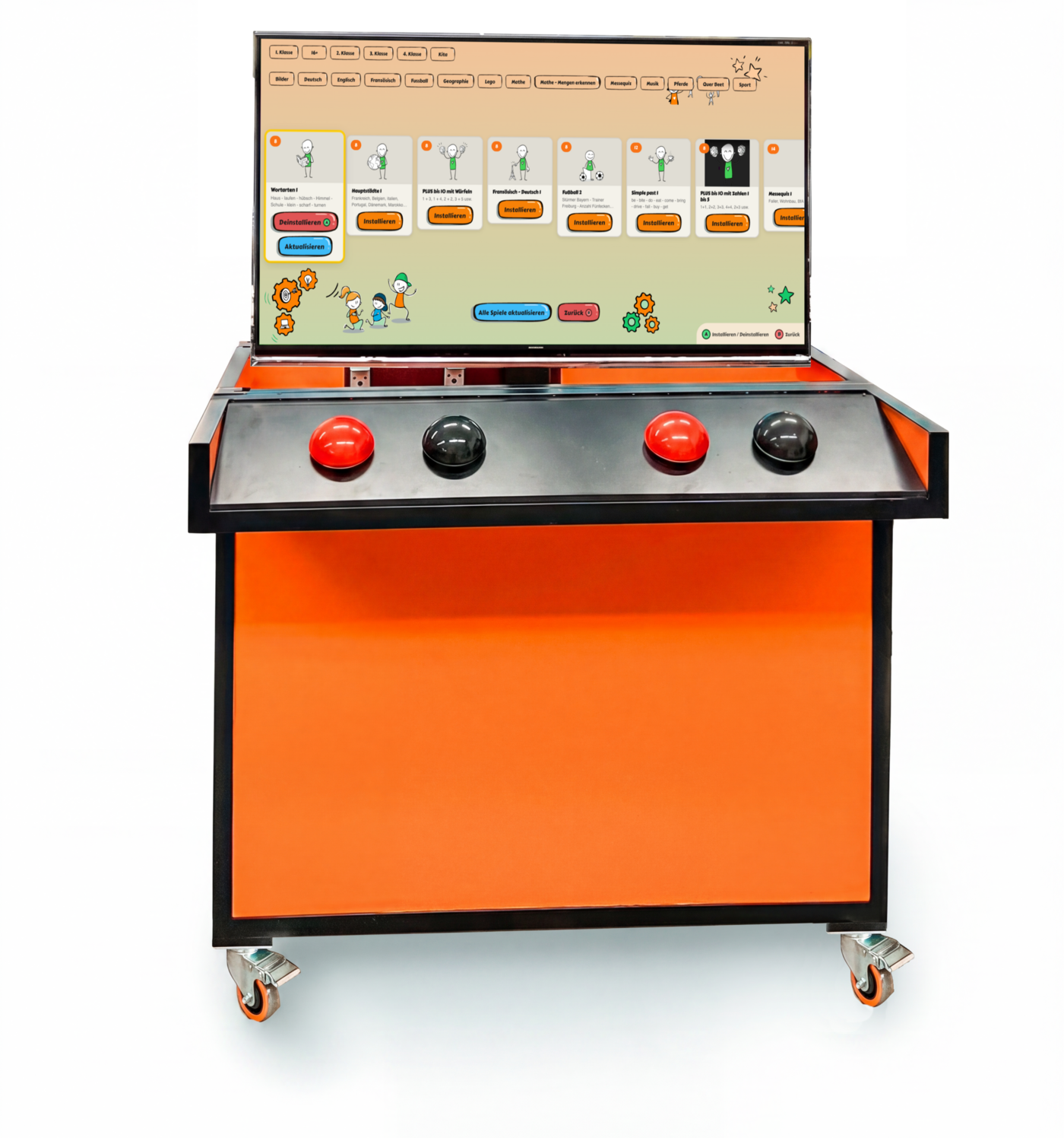 Die 2b4kids Spielkonsole: fahrbare orange Box mit Bildschirm und grossen Spieltasten